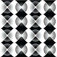 Black and white illusion background, texture with hypnosis element, squares circles and lines, gray gradient