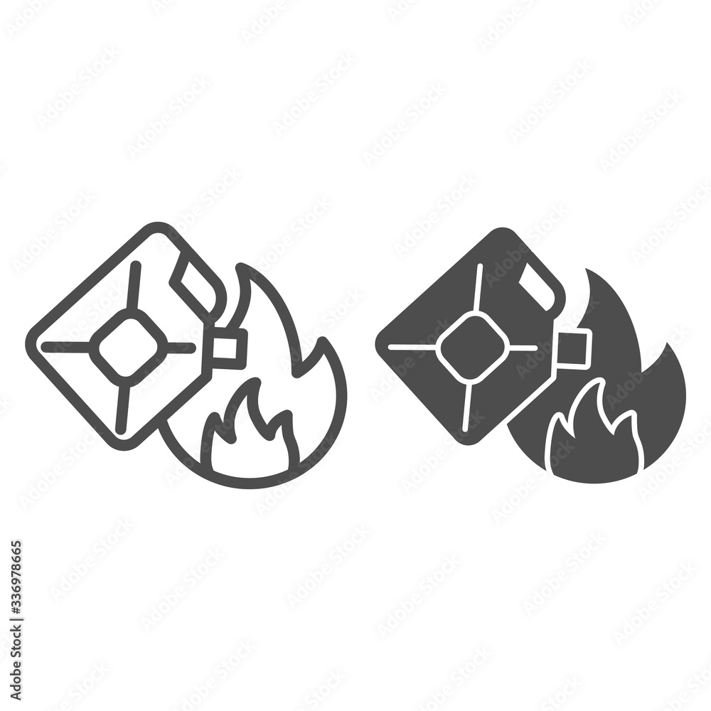 Poster canister and fire line and solid icon. arson setting flame outline style pictogram on white backgrou