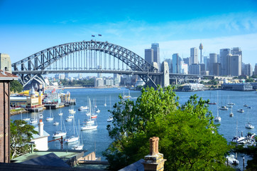 skyline view of the city center, metropolis full of high-rise buildings, business center Harbor Bridge with amusement park on the left, in the distance the Opera house