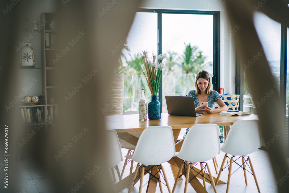 Aufkleber smiling caucasian female blogger working distantly using modern devices for research and browsing at