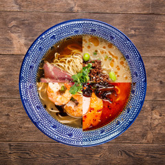 Isolated top view variety of different types of asian japanese ramen noodle soup collage on the wooden background