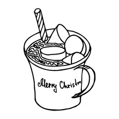 Single hand drawn Christmas mug with marshmallow . Doodle vector illustration for greeting cards, posters, wallpaper, postcards, stickers and seasonal design.