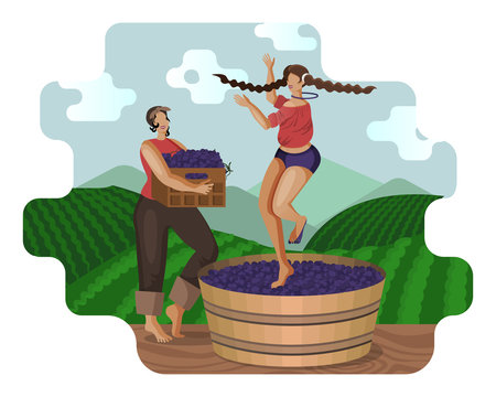 Two beautiful women are crushing grapes with &agrave;eet traditional method while dancing in wooden vat