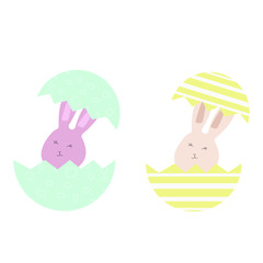 Easter bunnies in eggs. Cute bunnies in eggs. Two bunnies