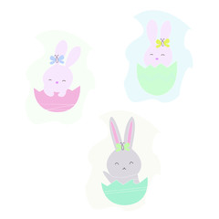 Easter bunnies in eggs with backgrounds. Flat style