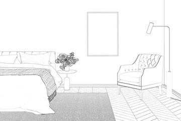 Sketch of a cozy bedroom with a floor lamp next to an armchair, a vertical poster on a wall, peonies on a night table next to a bed with linens. Front view. 3d render