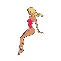 Beautiful young woman in a swimsuit on a white background.Cartoon lifeguard girl in a bathing suit on the beach. Stock vector isolated illustration.