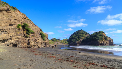 Fototapeta na wymiar O'Neill Bay, a beautiful black sand beach near the town of Bethells Beach in the western Auckland Region, New Zealand. At the end of the bay are the rounded forms of Erangi Point and Kauwahaia Island