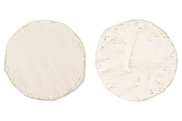 Camembert or brie cheese isolated on white background. Soft cheese covered with edible white mold view from above.