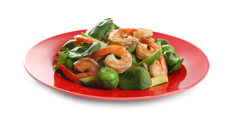 Tasty fresh salad with Brussels sprouts isolated on white
