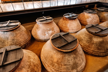The making of extra virgin Olive Oil,  storage vintage ceramic pots, pitchers or amphoras, Lesbos,...