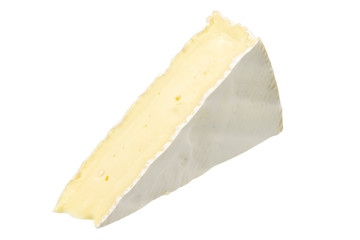 Brie or camambert cheese isolated on white background. Soft cheese covered with edible white mold view from above.