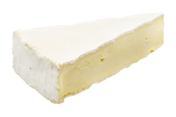 Brie or camambert cheese isolated on white background. Soft cheese covered with edible white mold view from above.