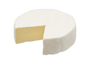 Camembert or brie cheese isolated on white background. Soft cheese covered with edible white mold view from above.