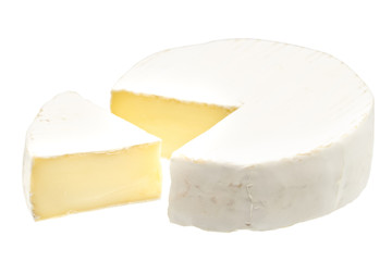 Camembert or brie cheese isolated on white background. Soft cheese covered with edible white mold view from above.