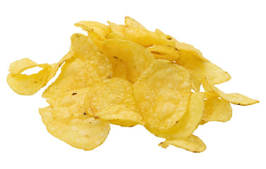 Potato chips isolated on white background. Closeup view.