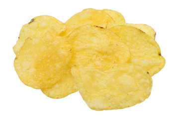 Potato chips isolated on white background. Closeup view.
