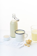 Cashew milk and rice milk. Healthy vegan beverage, protein source. Dairy alternative for lactose intolerance