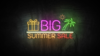 BIG SUMMER SALE neon light on wall. Sale banner blinking neon sign style for promo video. concept of sale and clearance - obrazy, fototapety, plakaty