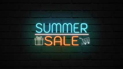 SUMMER SALE neon light on wall. Sale banner blinking neon sign style for promo video. concept of...