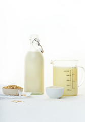 Rice milk and oat milk. Vegan beverage full of proteins. Healthy dairy alternative for lactose intolerance