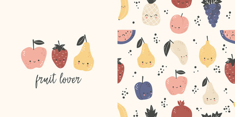 Fruit lover. T-shirt design and seamless pattern for kids