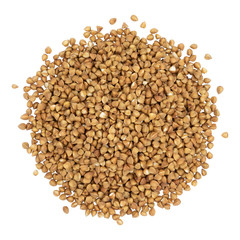 Top view of brown seed of buckwheat isolated on white background