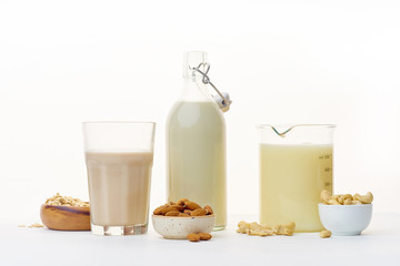Almond, cashew and oat milk. Healthy vegan protein drink. Dairy alternatives for lactose intolerance.
