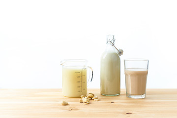 Dairy alternative for lactose intolerance. Almond, soy and oat milk. Healthy drink, protein source.