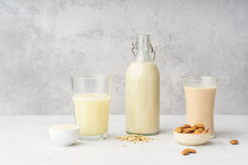Rice, oat and almond milk. Dairy alternatives for lactose intolerance. Healthy organic protein source for vegans.