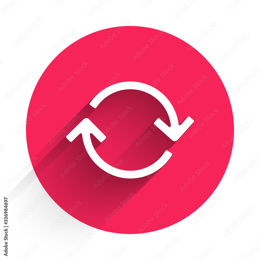 Poster white refresh icon isolated with long shadow. reload symbol. rotation arrows in a circle sign. red c
