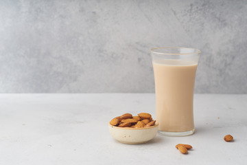 A glass of almond milk. Healthy protein drink suitale for vegans. Dairy alternative