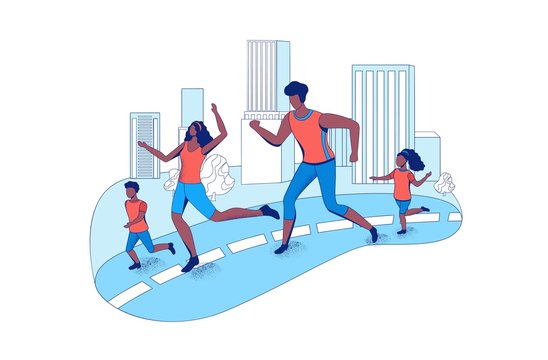 Family running marathon together in the city, parents and children take part in race outdoors, cartoon vector flat illustration with people jogging