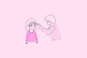 Medical team using thermal scanner on a girl