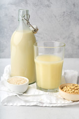 Rice milk and oat milk. Vegan beverage full of proteins. Healthy dairy alternative for lactose intolerance