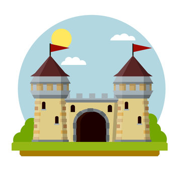 Military building of knight and king. Defense and reliability. Tower, wall and gate. Cartoon flat illustration. Green landscape
