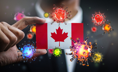 Corona Virus Around Canada Flag. Concept Pandemic Outbreak in Country