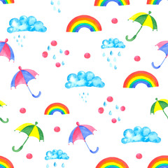 Seamless pattern of colored elements - rainbow, cloud and umrella. Watercolor hand drawn illustration.