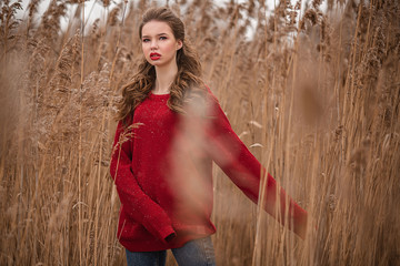 young woman in red dress