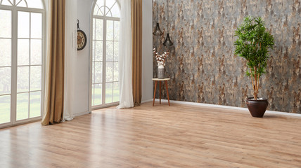 Modern living room, empty area for adding  product. white wall, lamp clock and carpet decor.