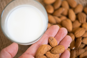 Almond milk in glass made from sicilian raw almonds, hand holding almonds, macro shot, top view.