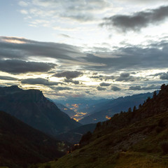 view of the valley in the mountains after sunset