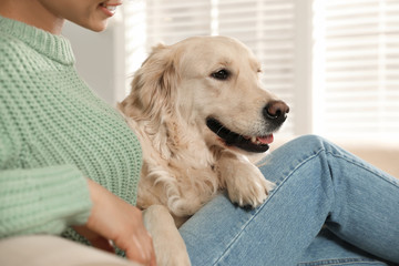 Young woman and her Golden Retriever at home, closeup. Adorable pet