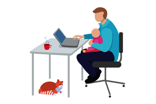 Parent working from home with child on his lap.