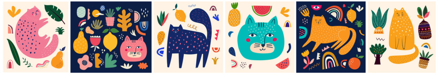 Cute spring collection with cats. Decorative abstract horizontal banner with colorful cats. Hand-drawn modern illustrations with cats and flowers. Set of art posters and cards 