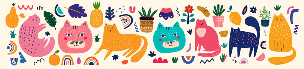 Cute spring collection with cats. Decorative abstract horizontal banner with colorful cats. Hand-drawn modern illustrations with cats and flowers