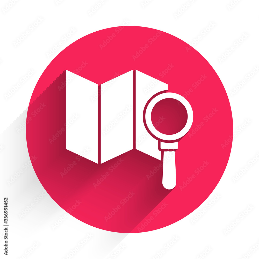 Poster white search location icon isolated with long shadow. magnifying glass with pointer sign. red circle