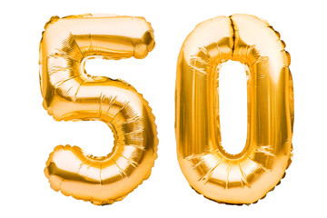 Number 50 fifty made of golden inflatable balloons isolated on white. Helium balloons, gold foil...