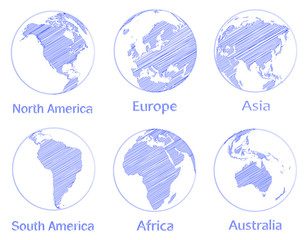 Set of vector globes.Scribble earth globes.