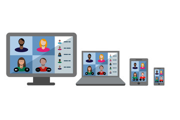 Video conference call with a group of business people in a virtual meeting.